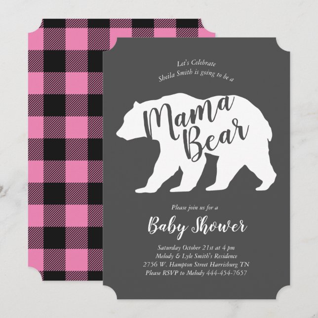 Mama Bear Lodge Baby Shower Pink Plaid Girl Invitation (Front/Back)
