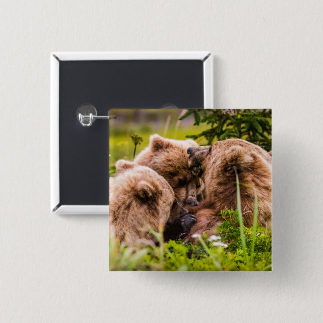 Mama bear nursing her two cubs, Lake Clark Nationa 15 Cm Square Badge (Front & Back)