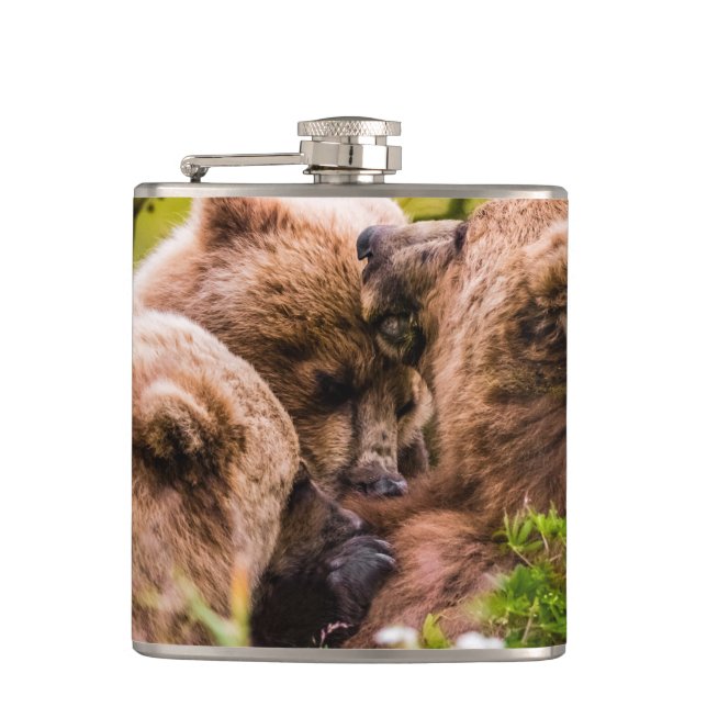 Mama bear nursing her two cubs, Lake Clark Nationa Hip Flask (Front)