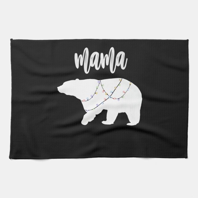 Mama Bear Polar Bear String Of Lights Christmas Tea Towel (Horizontal)