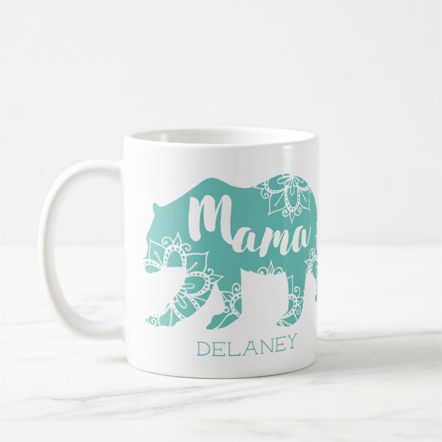 Mama Bear Rustic Country Floral Mint Personalised Coffee Mug (Left)