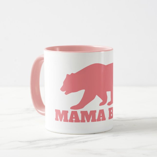 Mama bear silhouette coffee mug with pink handle (Front Left)