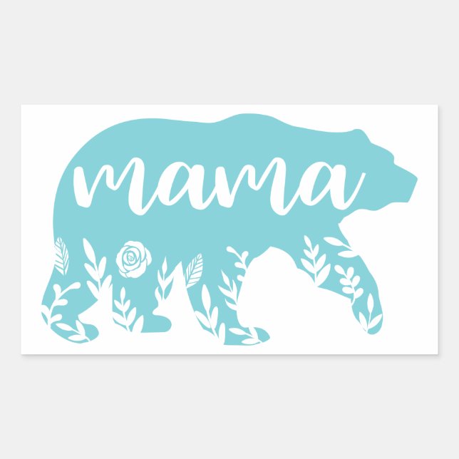 Mama Bear Turquoise Flowers Rectangular Sticker (Front)