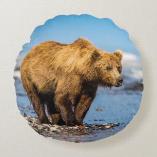 Mama bear watching her two kids round cushion