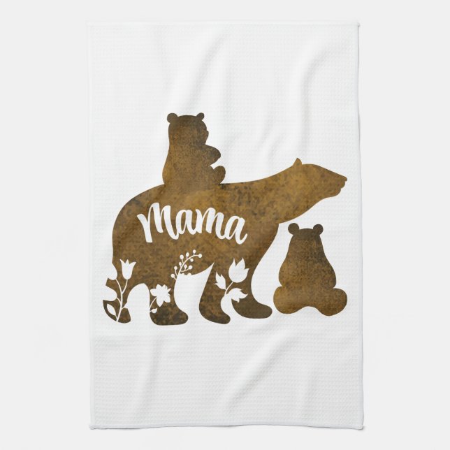 Mama Bear With 2 Cubs Mum of Two Tea Towel (Vertical)