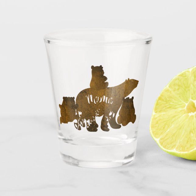 Mama Bear With 3 Baby Bear Cubs Following Mama Shot Glass (Front)