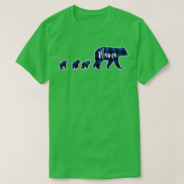 Mama Bear with Three 3 Cubs Black Blue Buffalo Che T-Shirt (Design Front)
