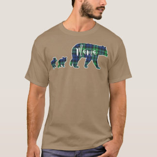 Mama Bear with two 2 Cubs Black Blue Green Tartan T-Shirt