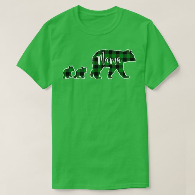 Mama Bear with Two 2 Cubs Black Green Buffalo Chec T-Shirt (Design Front)