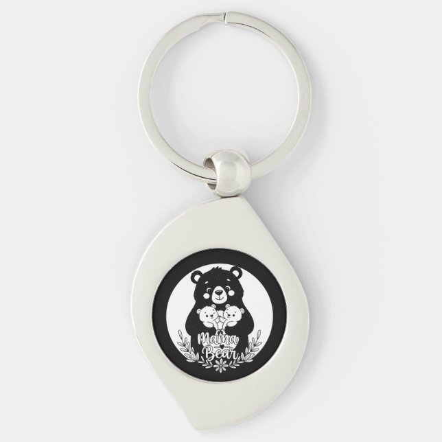 Mama Bear with Two Cubs Heart Line Art Design Key Ring (Front)