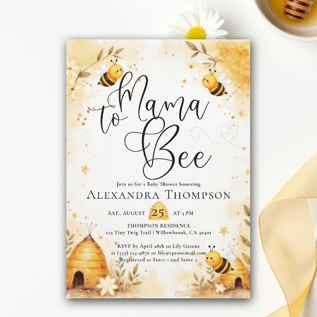 Mama Bee Summer Hive Bumblebee Script Baby Shower Invitation (mama to bee baby shower theme invitation spring summer little honey watercolor elegant bumblebee)