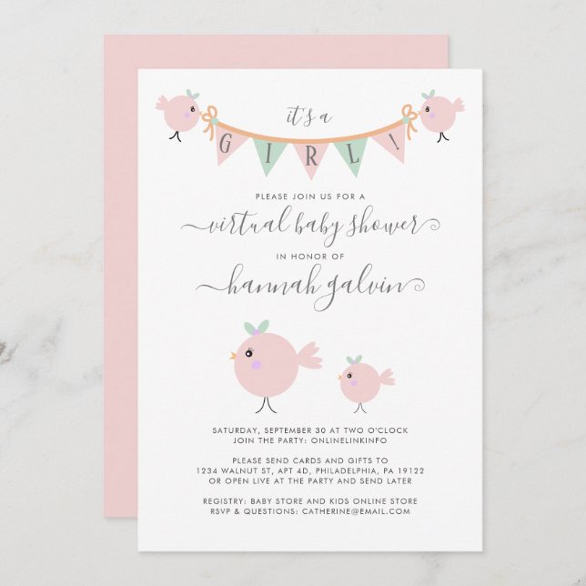 Mama Bird Chick Pink Virtual Baby Girl Shower Invitation (Front/Back)