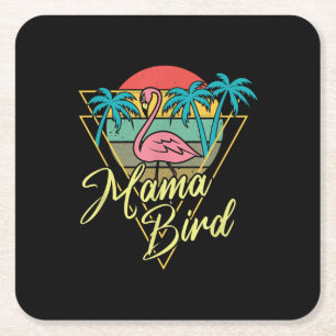 Mama Bird Flamingo Sunset Palm Tree Beach 80s Square Paper Coaster