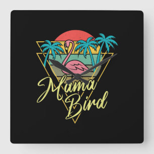 Mama Bird Flamingo Sunset Palm Tree Beach 80s Square Wall Clock