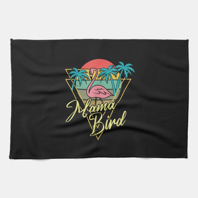 Mama Bird Flamingo Sunset Palm Tree Beach 80s Tea Towel (Horizontal)