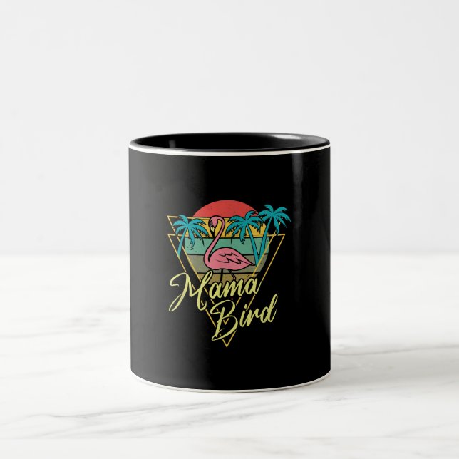 Mama Bird Flamingo Sunset Palm Tree Beach 80s Two-Tone Coffee Mug (Center)