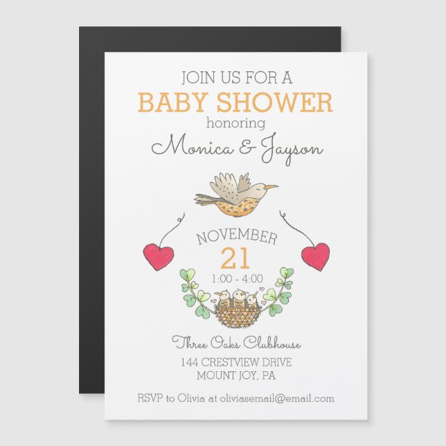 Mama Bird with Hearts and Nest Baby Shower Magnetic Invitation (Front/Back)