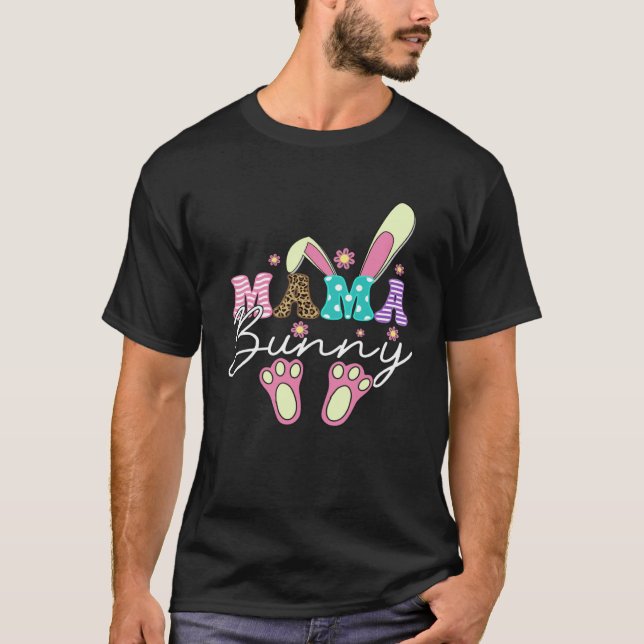 Mama Bunny Leopard Pregnancy Mommy Groovy Flowers  T-Shirt (Front)