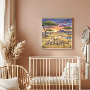 Mama Cheetah and Cubs Nursery Poster