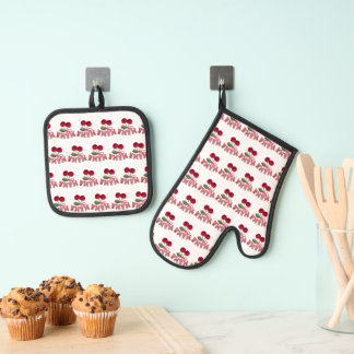 Mama Cherry Apron – Funny Kitchen Apron for Mum /  Oven Mitt & Pot Holder Set