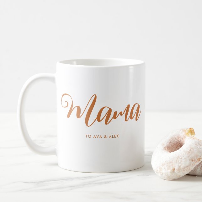 Mama Chic Boho Script and Heart with Kids Names Coffee Mug (With Donut)