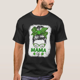 Mama Clover Messy Bun Leopard Funny St Patrick's D T-Shirt