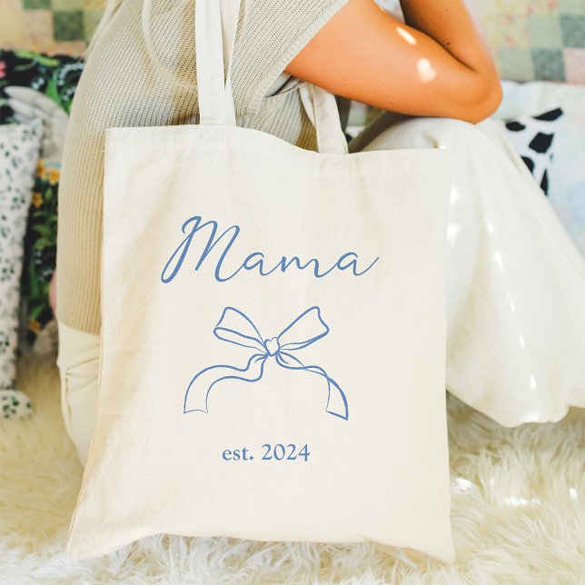 Mama | Coquette Blue Bow and Script Tote Bag (Creator Uploaded)