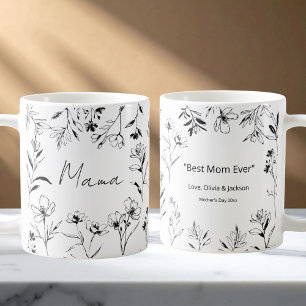 Mama Custom Quote Black White Floral Line Art Coffee Mug