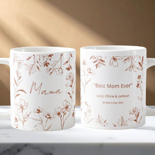 Mama Custom Quote Brown White Floral Line Art Coffee Mug