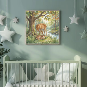 Mama Deer and Her Fawn Nursery Poster