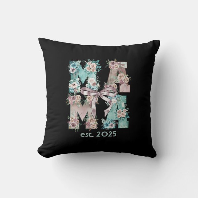 Mama Est. 2025 Floral Boho Typography Art Cushion (Front)