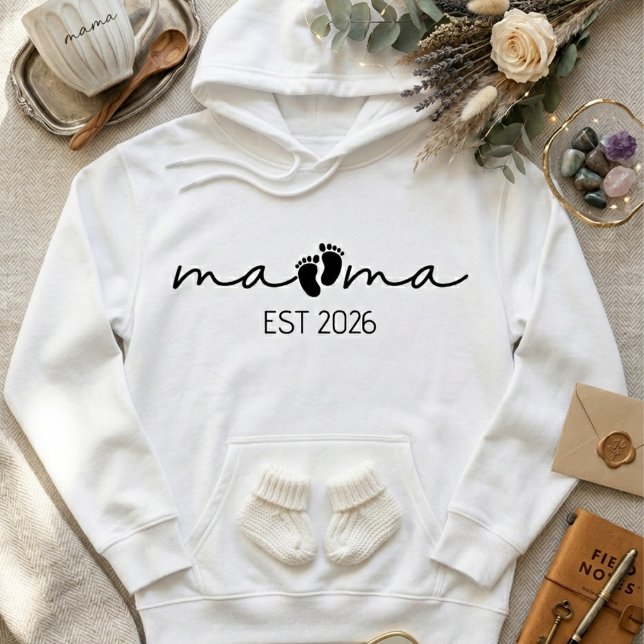 Mama Est Year Minimal Footprint Script Typography Hoodie (Creator Uploaded)