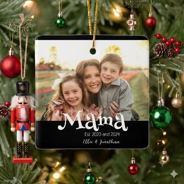 Mama Established Photo Kids Name Fun Text Ceramic Ornament (Creator Uploaded)