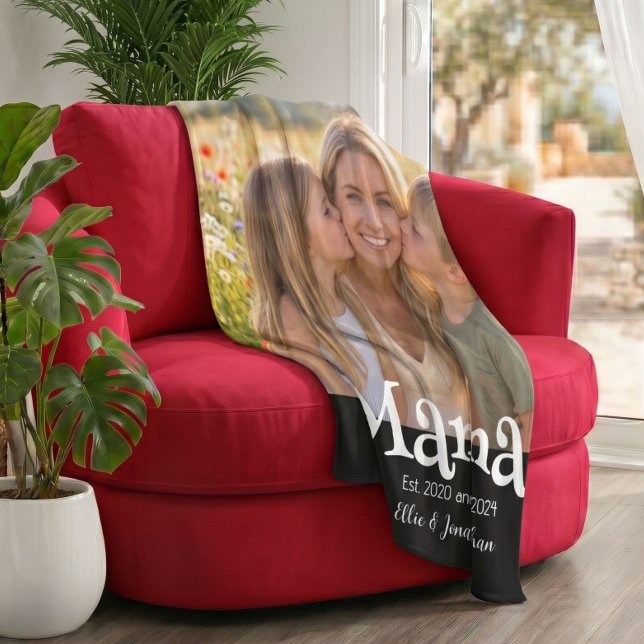 Mama Established Photo Kids Name Fun Text Fleece Blanket (Creator Uploaded)