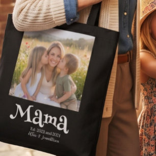 Mama Established Photo Kids Name Fun Text Tote Bag