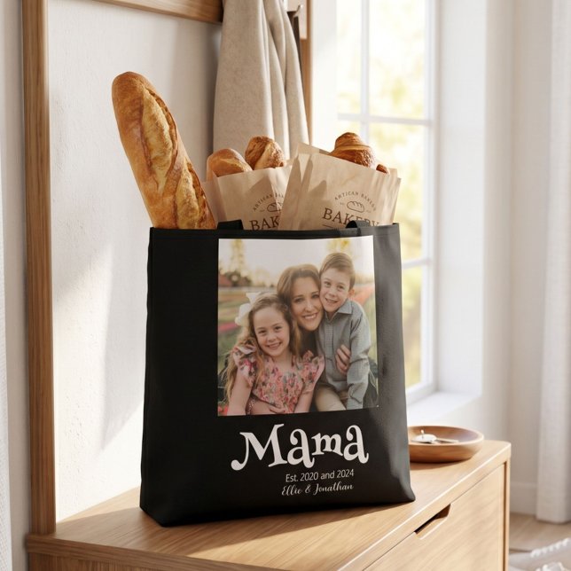 Mama Established Photo Kids Name Fun Text Tote Bag (Creator Uploaded)