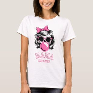Mama Estd 2025 Skull With Pink Bow T-Shirt