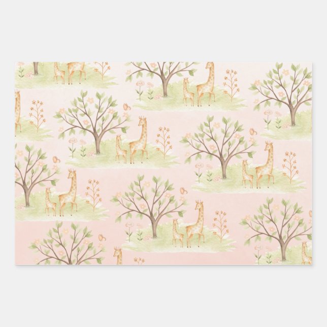Mama Giraffe With Baby & Friends Blush Pink Wrapping Paper Sheet (Front)