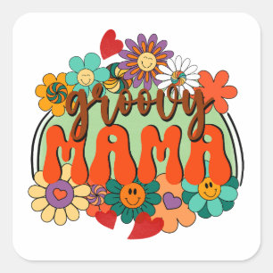 Mama Groovy Floral, Flowers Retro Motherhood Square Sticker