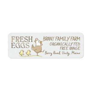 Mama hen and chicks on an egg-coloured carton labe