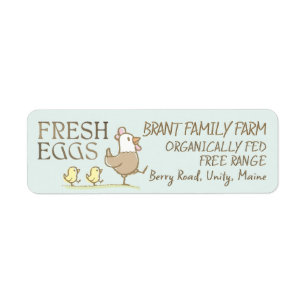 Mama hen and chicks on an egg-coloured carton labe