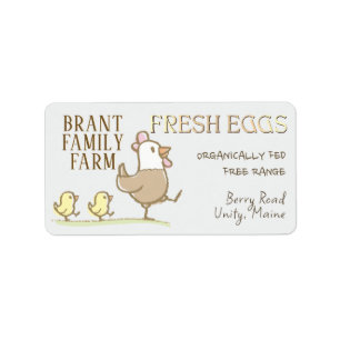Mama hen and chicks on an egg-coloured carton labe label