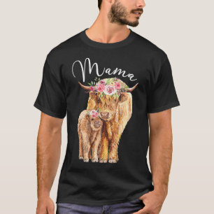 Mama Highland Cow With Baby Calf Floral Mothers Da T-Shirt