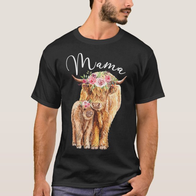 Mama Highland Cow With Baby Calf Floral Mothers Da T-Shirt (Front)