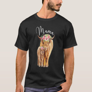 Mama Highland Cow With Baby Calf Floral Mothers Da T-Shirt