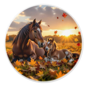 Mama Horse and Baby Pony sitting in Fall Leaves Ceramic Knob