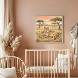Mama Lion and Cubs Nursery Poster