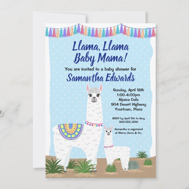 Mama Llama and Baby Blue Polka Dot Baby Shower Invitation (Front)