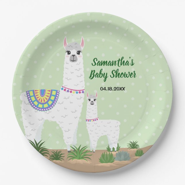 Mama Llama and Baby Green Polka Dot Baby Shower Paper Plate (Front)