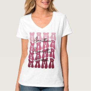 Mama Mother's Day Custom Kids Names Groovy Retro T-Shirt